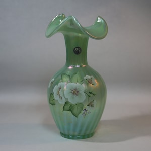 Fenton Art Glass ~ Sea Foam & Willow Green Glass Vase ~ Ruffled Top Hand Painted Vase