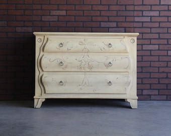 Chest of Drawers ~ French Provincial Dresser  3 Drawer Chest ~ Dresser ~  Hand Painted Chest ~ Decorated Bombe Chest by Ethan Allen