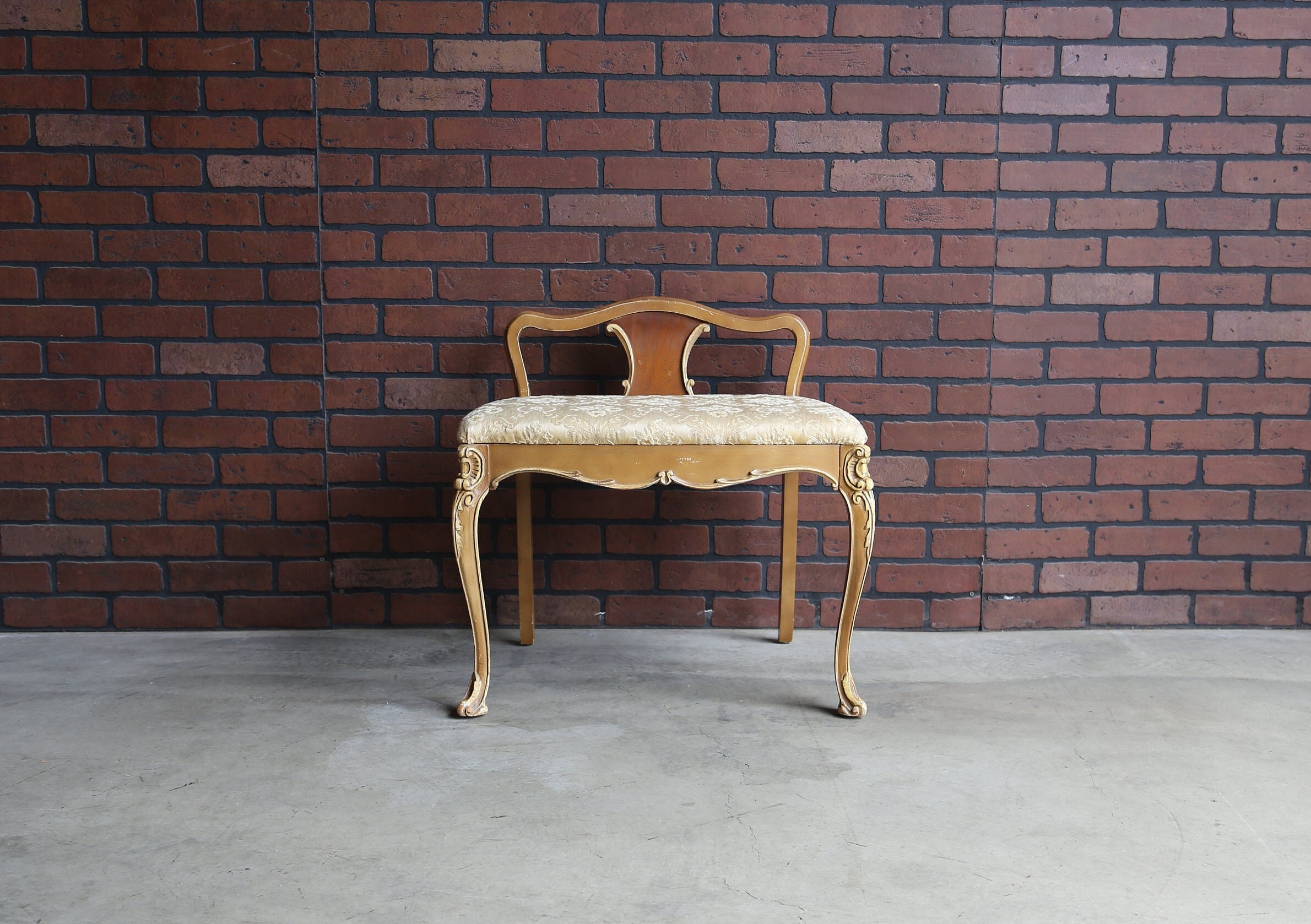 Antique French Carved Oak Vanity Bench Stool Chair Cane Seat Louis