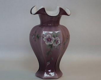 Fenton Art Glass ~ Vase Amethyst Satin ~ Hand Painted Tulip Vase