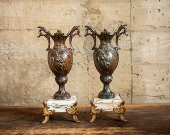 19th Century Bronze & Marble Vases ~ Antique Bronze Urns ~ French Garniture Bronze Vases ~ A Pair