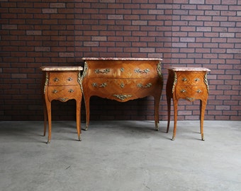 Antique French Marble Top Bombe Chest and Nightstands ~ Louis XV Chest of Drawers  ~ Commode ~ French Marble Top Nightstands ~ 3 Piece Set