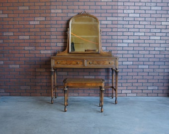 Vanity ~ Vintage Desk ~ Cane Bench ~ Writing Desk ~ Antique Vanity With Mirror & Bench Seat