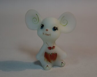 Fenton Art Glass ~ Opal Satin Glass Mouse ~ Hand Painted Hula Skirt Mouse Figurine