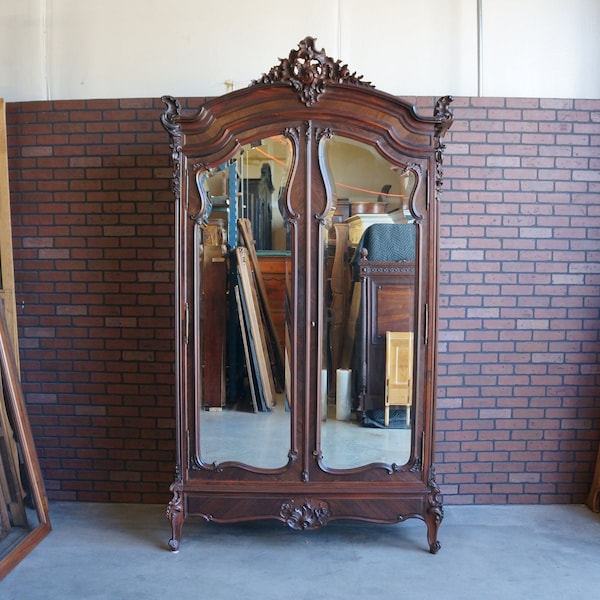 Antique French Rococo Armoire ~ Louis XV 2 Door Armoire ~ Mirrored Door Armoire