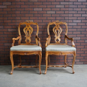 French Antique Arm Chairs ~ Splat Back Dining Chairs ~ Hand Carved Wood Frame Dining Arm Chairs ~ Set of 2