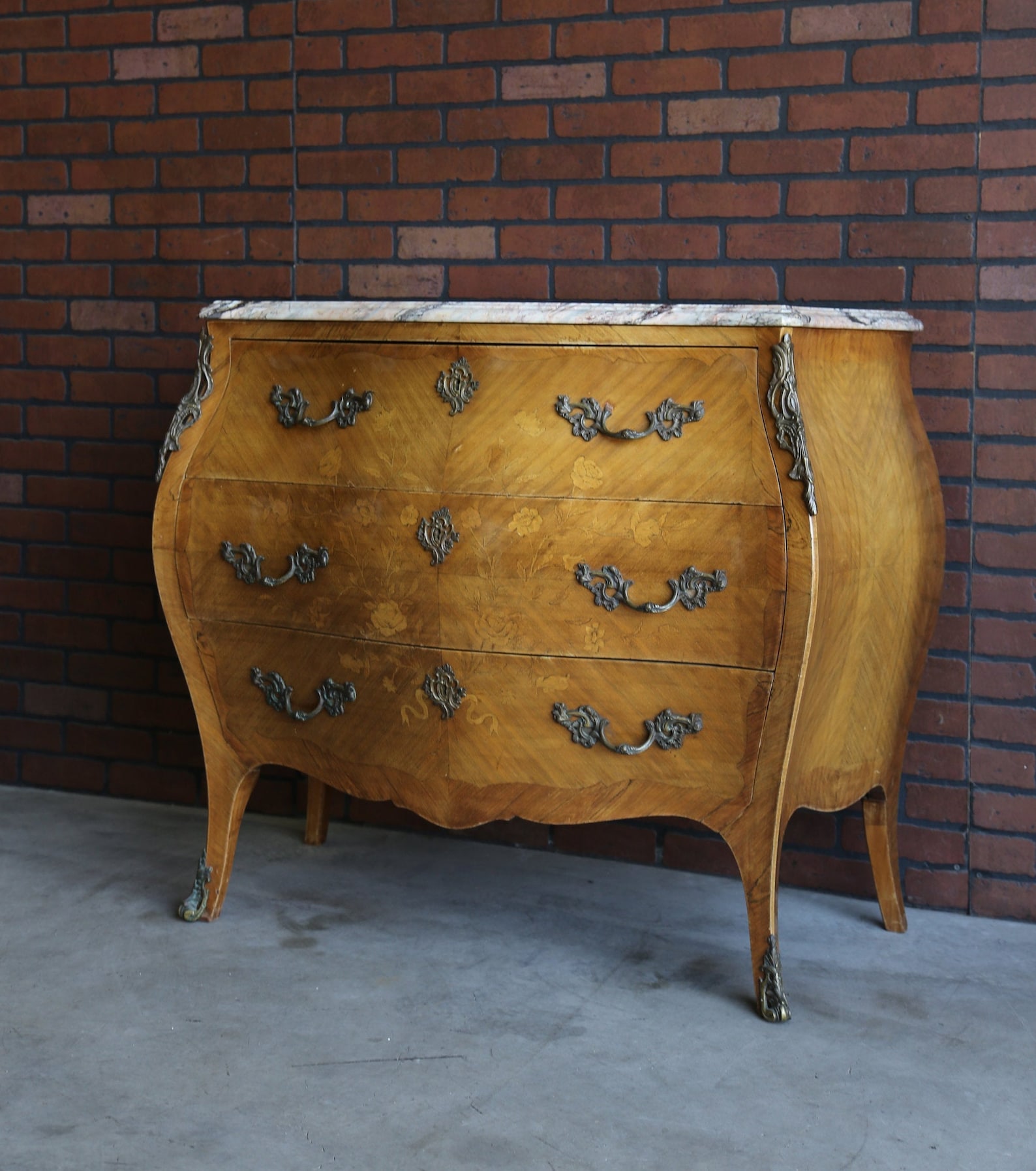 Antique French Marble Top Bombe Chest Rococo Chest of Drawers Commode