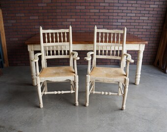 French Farmhouse Table ~ Rustic Dining Table ~ Pine Dining Table and Pair of Arm Chairs ~ Rush Seat Dining Chairs