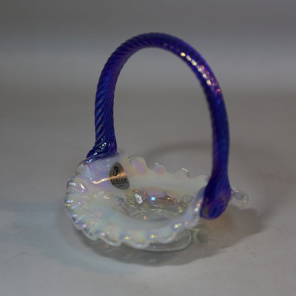 Fenton Art Glass ~ Miniature French Opalescent Glass Basket ~ Fenton Paneled Grape Basket