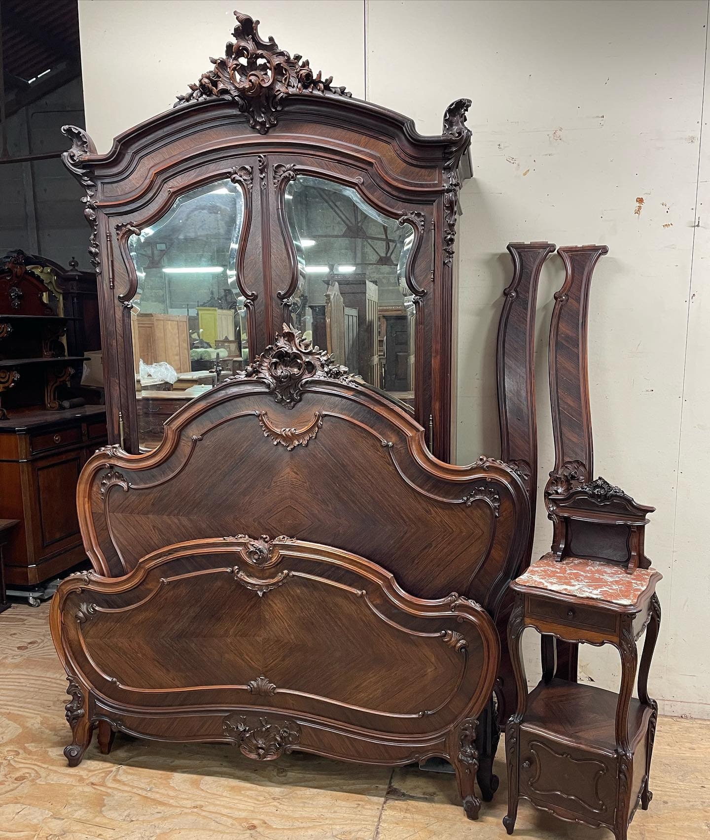 Antique French Rosewood Bedroom Set Rococo Armoire Louis XV Bed Marble