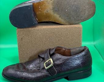 Marco Vicci Monk Strap Loafers Mens 8.5 M Brown Crocodile Embossed Dress Shoes
