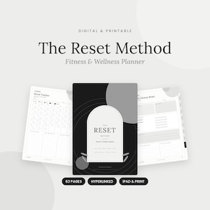 Fitness & Wellness Planner PDF, GoodNotes Workout Meal Habit Tracker, Printable Health Planner, Minimalist Black