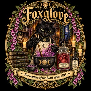 May include: A black cat wearing an apron stirs a cauldron with purple liquid, surrounded by foxglove flowers, books labeled Herbs, Poisons, Remedies, Other Uses, a jar with a heart labeled A Stronger You, and text For matters of the heart since 1785.