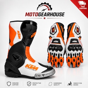 Puede incluir: Una bota de motocicleta y un par de guantes a juego en un esquema de color blanco, negro y naranja. La bota presenta el logotipo y la marca KTM, mientras que los guantes muestran los logotipos de KTM y Red Bull con protección en nudillos.