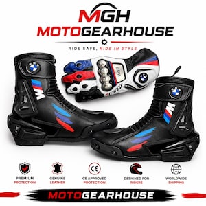 May include: A pair of black motorcycle boots and a matching glove featuring the BMW logo, M-colour stripes, and protective armour. The boots have a high-top design with adjustable straps, while the glove displays red, white, and blue accents.