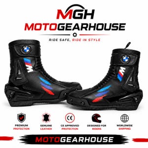 May include: A pair of black motorcycle boots featuring the BMW logo, blue and red graphic accents, and protective structural elements. The text MGH MOTOGEARHOUSE and RIDE SAFE, RIDE IN STYLE appears above, with icons for protection and leather below.