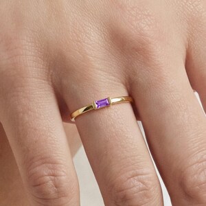 Solid Gold Baguette Birthstone Ring, Personalized Bar Set Gemstone Stacking Ring, Gift for Her