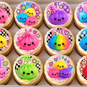 May include: A box of twelve cupcakes topped with circular edible toppers featuring colourful cartoon characters, including smiling dumplings and cubes with faces, set against vibrant backgrounds with patterns like checkers, hearts, and stars.