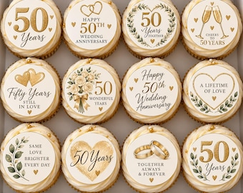 Adornos comestibles para cupcakes del 50.º aniversario de bodas – 12 decoraciones para tartas de aniversario de oro