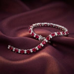 Ruby Tennis Bracelet, 925 Sterling Silver Crossover Bracelet, Red White Accent Jewelry, Elegant Anniversary Gift for Her