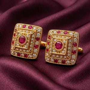 Ruby Cufflinks for Men, 14K Gold Plated Square Cufflinks, Red Art Deco Formal Jewelry, Luxury Vintage Wedding Gift
