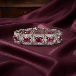 Ruby Bangle Bracelet, Silver Tone Floral Bangle, Red Accent Jewelry, Elegant Womens Gift