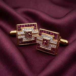 Red Gold Cufflinks for Men, 925 Sterling Silver 14K Gold Plated Cufflinks, Geometric Art Deco Formal Jewelry, Groom Gift