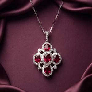 Ruby Red Gemstone Floral Pendant Necklace, Diamond Halo Cluster Pendant, Elegant Vintage Inspired Jewelry, Gift for Her