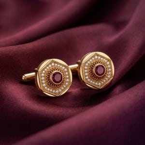 May include: A pair of gold cufflinks featuring a hexagonal shape with a central round red gemstone. The design includes intricate filigree metalwork surrounding the stone, bordered by a ring of small clear stones set in gold.