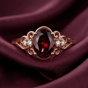 Red Garnet Ring, 925 Sterling Silver Floral Ring, Gold Tone Vintage Inspired Ring, Oval Red Ruby Style Ring, Gift for Her