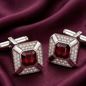 Ruby Cufflinks for Men, 925 Sterling Silver Square Cufflinks, Red Geometric Art Deco Jewelry, Luxury Groom Gift