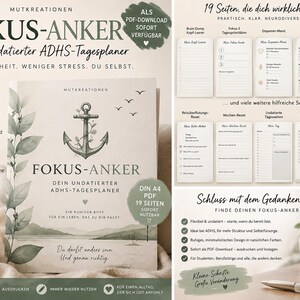 Könnte beinhalten: Ein digitaler PDF-Planer mit dem Titel FOKUS-ANKER, der eine Anker-Illustration zeigt, mit 19 undatierten Vorlagen für das ADHS-Management, einschließlich Aufgabenlisten, Dopamin-Menüs und Energie-Trackern in neutralen Farben.