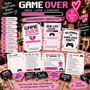 Könnte beinhalten: Ein digitales Party-Komplettset mit pink-schwarzen Gaming-Motiven und Texten wie GAME OVER, NEW LIFE LOADING und WILLKOMMEN ZUR GAME OVER PARTY. Das Set enthält Einladungen, Schilder, Checklisten und Foto-Requisiten mit Herz-Symbolen.