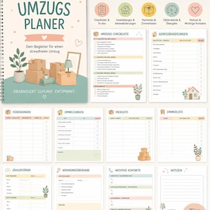May include: A spiral-bound moving planner with a cover featuring illustrations of cardboard boxes, a potted plant, and a lamp. The text reads UMZUGS PLANER and includes various internal pages for checklists, address changes, packing, and contacts.