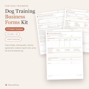 May include: A set of six printable dog training business forms including a client intake form, training plan, and session report card. The documents feature a clean layout with brown text and headers on a light background, designed for professional use.