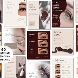 Könnte beinhalten: Eine Sammlung von sechzig Instagram-Vorlagen für Wimpernstylisten mit neutralen Farbpaletten, Typografie und Bildern von Wimpern, Kosmetikwerkzeugen sowie informativen Texten zu Wimpernpflege, Terminbuchung und gängigen Mythen.