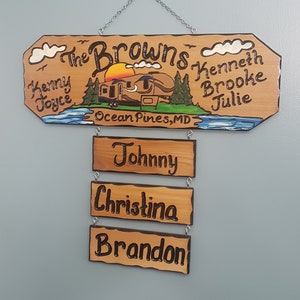 Personalized camper sign, wood camping sign, cedar sign, Dog Bone sign, first name signs, Camper name sign, Add-on names, pet names, ETSY