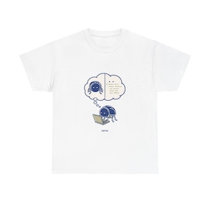 May include: A white t-shirt featuring a dark blue graphic of a beetle sitting at a laptop. Above the beetle is a thought bubble containing another beetle and lines of text. The word same. is printed in small dark blue letters below the graphic.