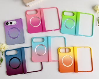Może przedstawiać: Kolekcja sześciu składanych etui na telefon z gradientowymi kolorami, w tym fioletowym, różowym, zielonym, niebieskim i żółtym. Każde etui posiada okrągły pierścień magnetyczny z tyłu oraz prostokątne wycięcie na obiektyw aparatu.