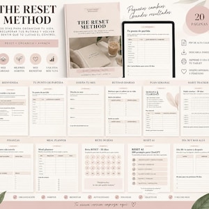 Puede incluir: Un libro de trabajo digital titulado The Reset Method que incluye 20 páginas de plantillas de planificación, como rastreadores de hábitos, planificadores de comidas y registros financieros. El diseño utiliza una paleta de colores beige suave con secciones organizadas para rutinas diarias.