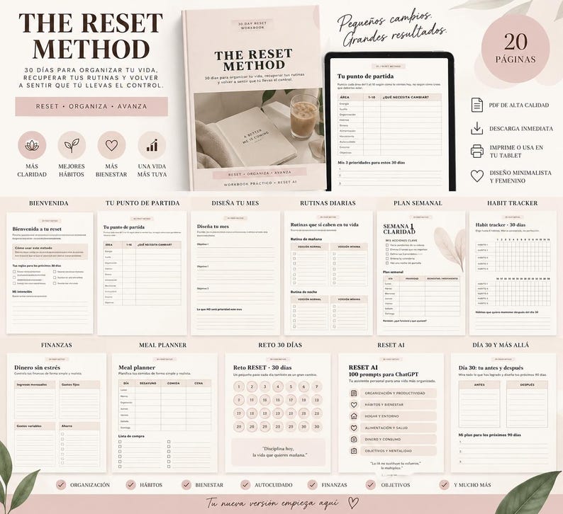 K&ouml;nnte beinhalten: Ein digitales Arbeitsbuch mit dem Titel The Reset Method, das 20 Seiten mit Planungsvorlagen enth&auml;lt, darunter Gewohnheits-Tracker, Essenspl&auml;ne und Finanzprotokolle. Das Layout verwendet eine sanfte beige Farbpalette mit organisierten Abschnitten f&uuml;r t&auml;gliche Routinen und Ziele.