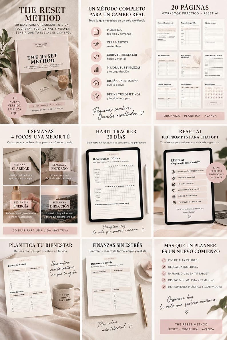 K&ouml;nnte beinhalten: Ein digitales Arbeitsbuch mit dem Titel The Reset Method, das 20 Seiten zur Lebensorganisation, Gewohnheitsverfolgung und Finanzplanung enth&auml;lt. Das Set umfasst einen 30-Tage-Gewohnheits-Tracker, KI-Prompts f&uuml;r ChatGPT und verschiedene Vorlagen.
