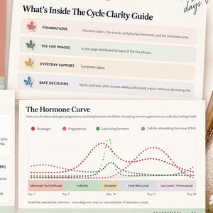 May include: A digital download guide titled Cycle Clarity Guide featuring 18 landscape pages. The cover and interior pages display text about hormones, health, food, movement, and mindset, including charts on the hormone curve and ovarian hormones.