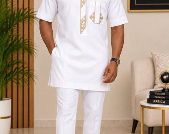 Traditionele kaftan voor witte mannen, Afrikaanse Nigeriaanse senatoroutfit, tuniek met korte mouwen, elegante formele kleding