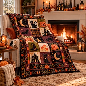 Op de afbeelding: Een rechthoekige plaid met een patchworkontwerp vol Halloween-motieven zoals zwarte katten, pompoenen, spookhuizen, maansikkels, vleermuizen, heksenhoeden en snoepjes, geplaatst tegen een donkere achtergrond met herfstbladeren.