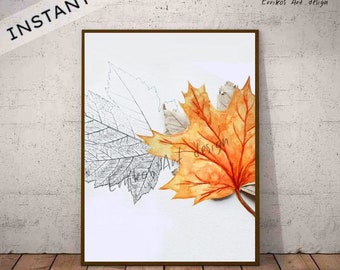 Fall Autumn leaves wall art Print Instant Download, Digital leaf autumn poster, Farmhouse Home Decor, Autumn Wall Art, Fall leaves Printable