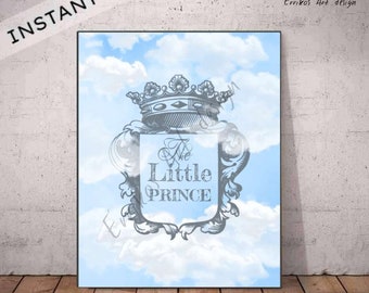 Little Prince Crown Print Instant Download, Little Prince Wall Art, Boy Nursery decor, Blue Grey, kids Wall Art, Little Prince Nursery Art