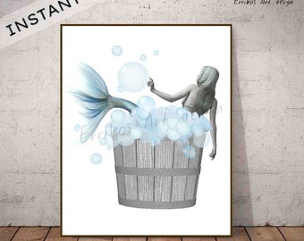 Bathroom wall Art Mermaid Instant download 5 sizes, Bathroom Mermaid Art Print, Little Mermaid wall art, kids Bathroom wall art, Home decor