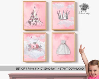 Princess Nursery Decor, Instant Download SET 4 Prints, Princess Wall Art, Cinderella Princess Wall Decor, Nursery Wall Art, Girl Nursery Art