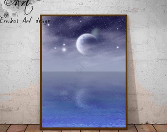 Moon blue Sea wall art Printable, Instant Download, Full Moon Print, Moon wall art, Super Moon, home decor, Moon Sea Landscape, wall decor